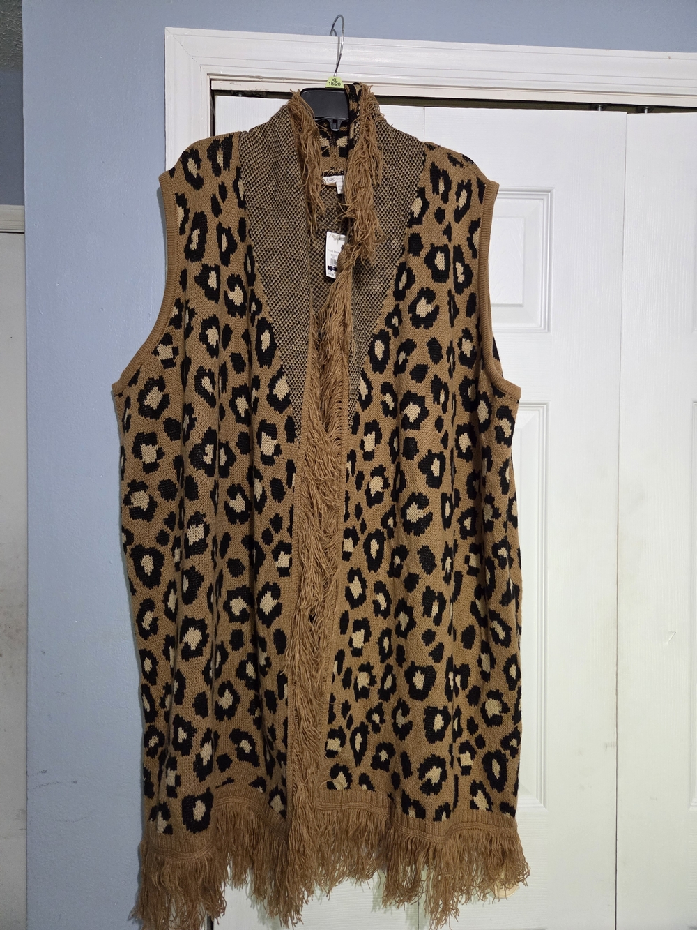 Cato Leopard-Pattern Fringe Knit Vest in Camel and Black